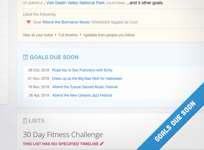 Goals due soon highlighted on the profile home page