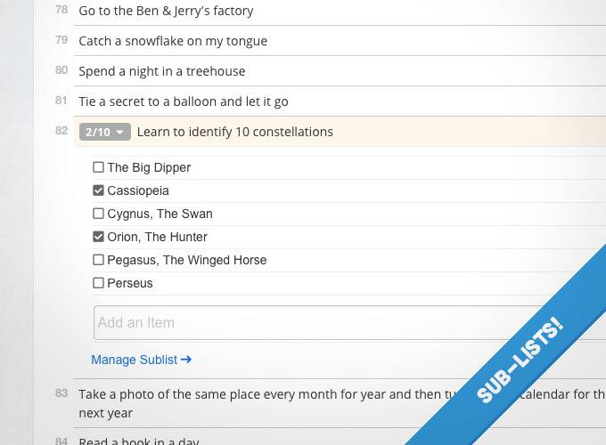 Sub-lists shown in a Day Zero list